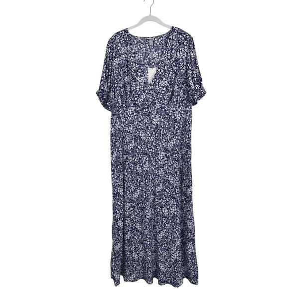A New Day XXL Blue White Floral Midi Dress Puff Sleeve Crepe Boho Cottagecore Nw - Picture 2 of 11
